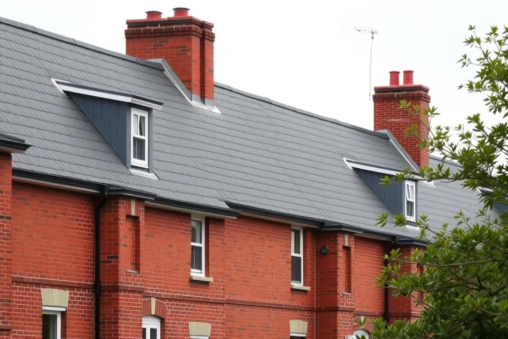 Flat-fronted brick row houses under one continuous grey roof ridge.