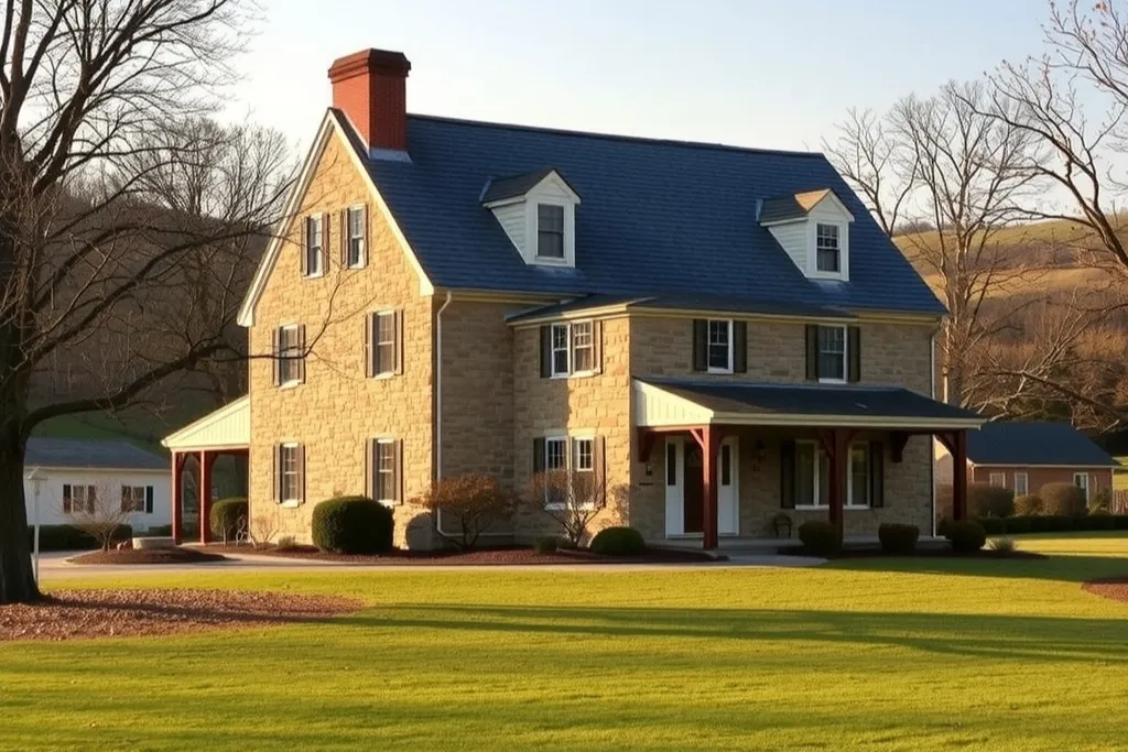 A fieldstone farmhouse with a grey shingle roof and brick chimney among apple trees in autumn light.