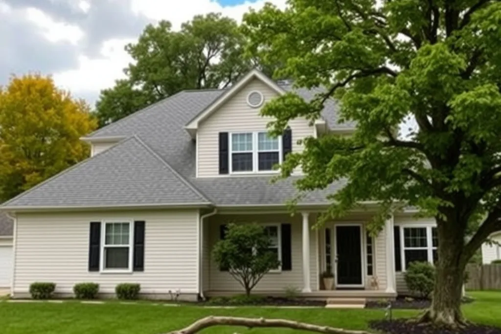 A suburban house with a grey shingle roof and tall oaks, a fallen branch on the wet lawn after a storm.